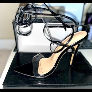 Black clear strap point toe heel